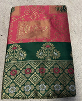 { "alt_text": "Pink jacquard printed saree with unstitched blouse, 5.5m, ethnic wear, Indian traditional clothing" }