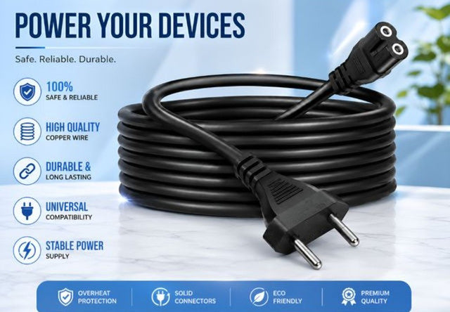 Black 2-pin universal AC power cord wire, 2.3m long, compatible with TVs, laptops, and printers