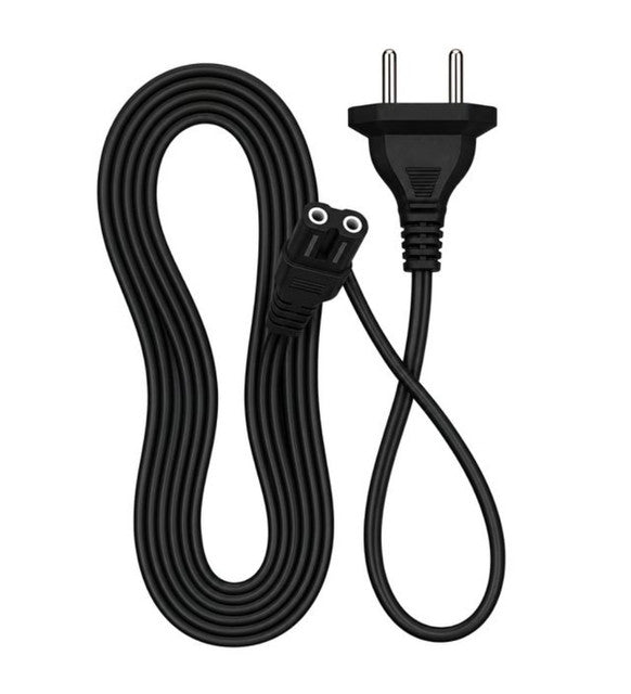 Black 2-pin universal AC power cord wire, 2.3m long, compatible with TVs, laptops, and printers