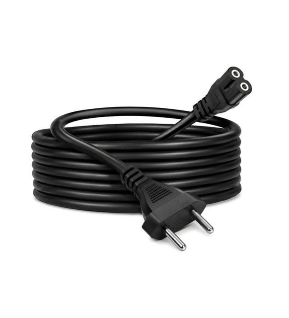 Black 2-pin universal AC power cord wire, 2.3m long, compatible with TVs, laptops, and printers