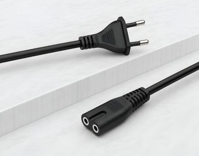Black 2-pin universal AC power cord wire, 2.3m long, compatible with TVs, laptops, and printers