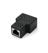 Black RJ45 splitter adapter for Ethernet LAN cables, compatible with Cat5, Cat6, and Cat7 networking equipment
