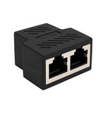 Black RJ45 splitter adapter for Ethernet LAN cables, compatible with Cat5, Cat6, and Cat7 networking equipment