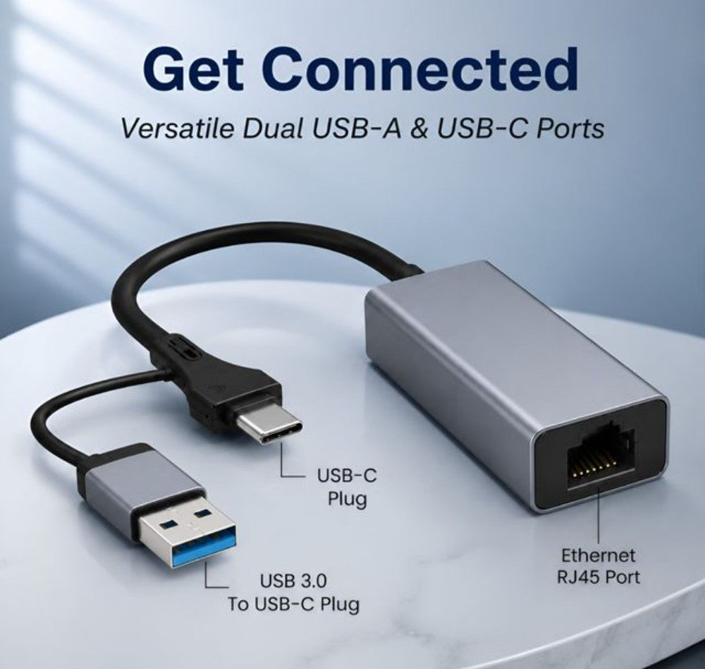 Grey USB 3.0 and Type-C to RJ45 Gigabit Ethernet adapter for laptops and desktops