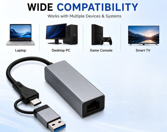 Grey USB 3.0 and Type-C to RJ45 Gigabit Ethernet adapter for laptops and desktops