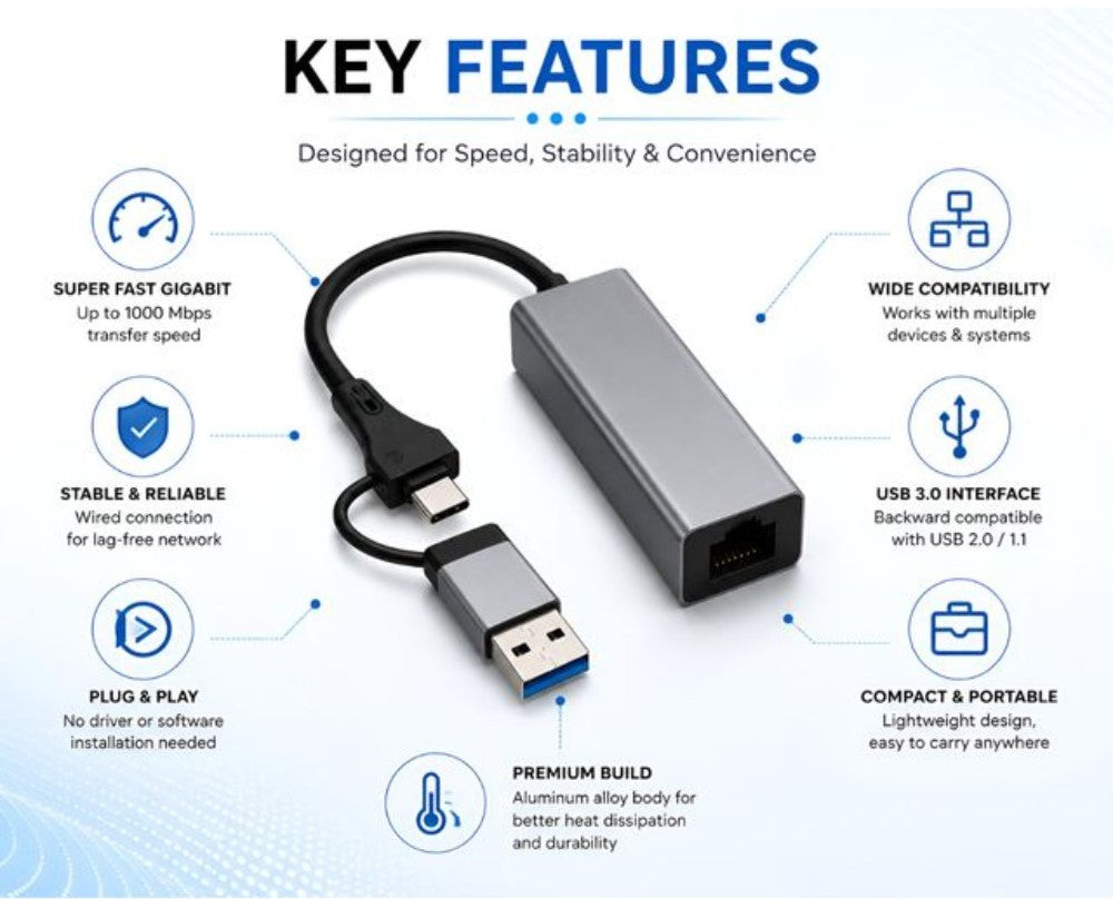Grey USB 3.0 and Type-C to RJ45 Gigabit Ethernet adapter for laptops and desktops