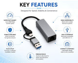 Grey USB 3.0 and Type-C to RJ45 Gigabit Ethernet adapter for laptops and desktops