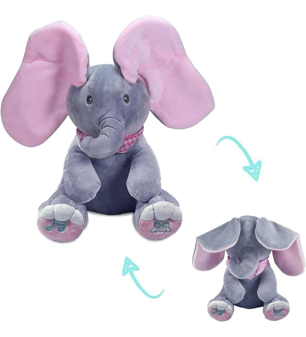 Grey and pink wool plush elephant toy with interactive singing and peekaboo play features