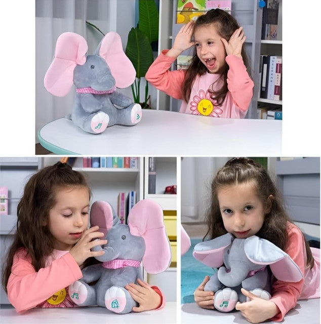 Grey and pink wool plush elephant toy with interactive singing and peekaboo play features