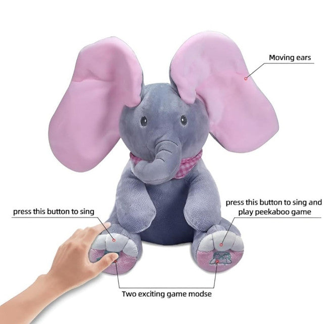 Grey and pink wool plush elephant toy with interactive singing and peekaboo play features