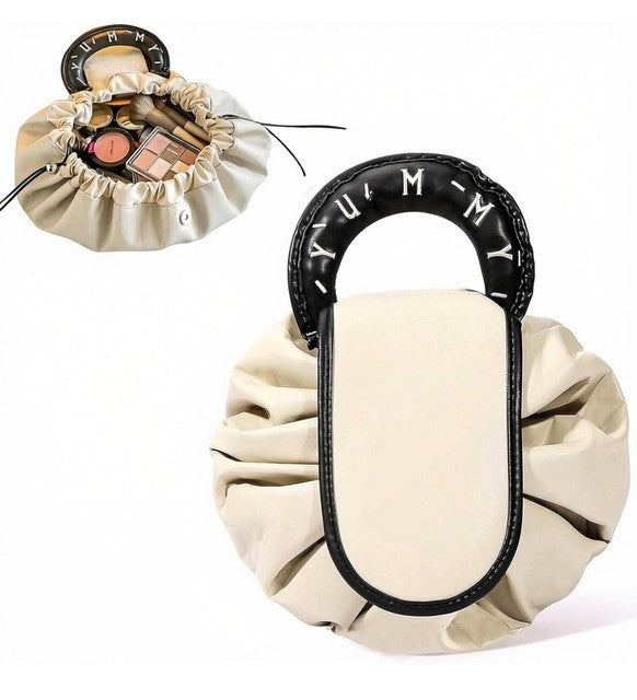 Beige and black polyester makeup organizer bag with large drawstring opening for travel and daily essentials