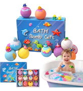Multicolor plastic bath bombs with sea animal toys, creating colorful fizz and foam for a fun bath experience
