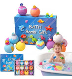 Multicolor plastic bath bombs with sea animal toys, creating colorful fizz and foam for a fun bath experience