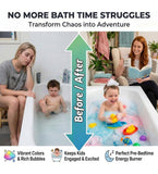 Multicolor plastic bath bombs with sea animal toys, creating colorful fizz and foam for a fun bath experience