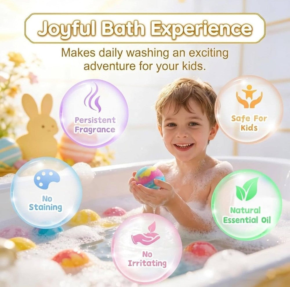 Multicolor plastic bath bombs with sea animal toys, creating colorful fizz and foam for a fun bath experience