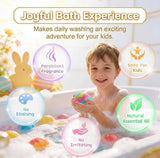 Multicolor plastic bath bombs with sea animal toys, creating colorful fizz and foam for a fun bath experience