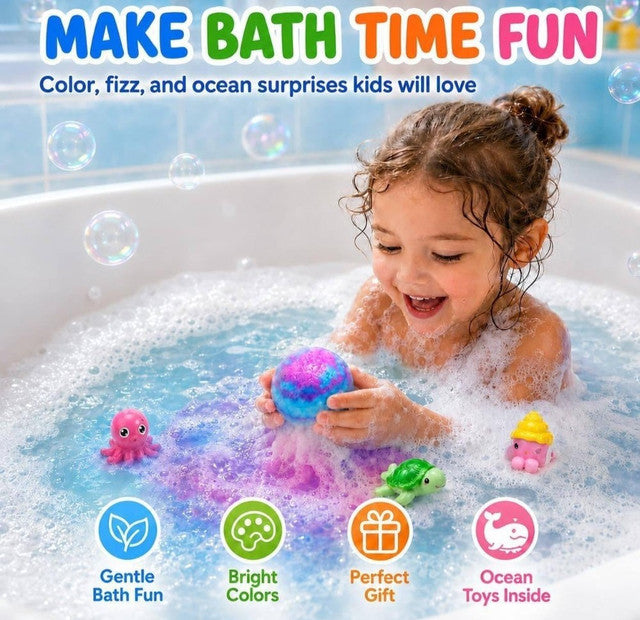 Multicolor plastic bath bombs with sea animal toys, creating colorful fizz and foam for a fun bath experience