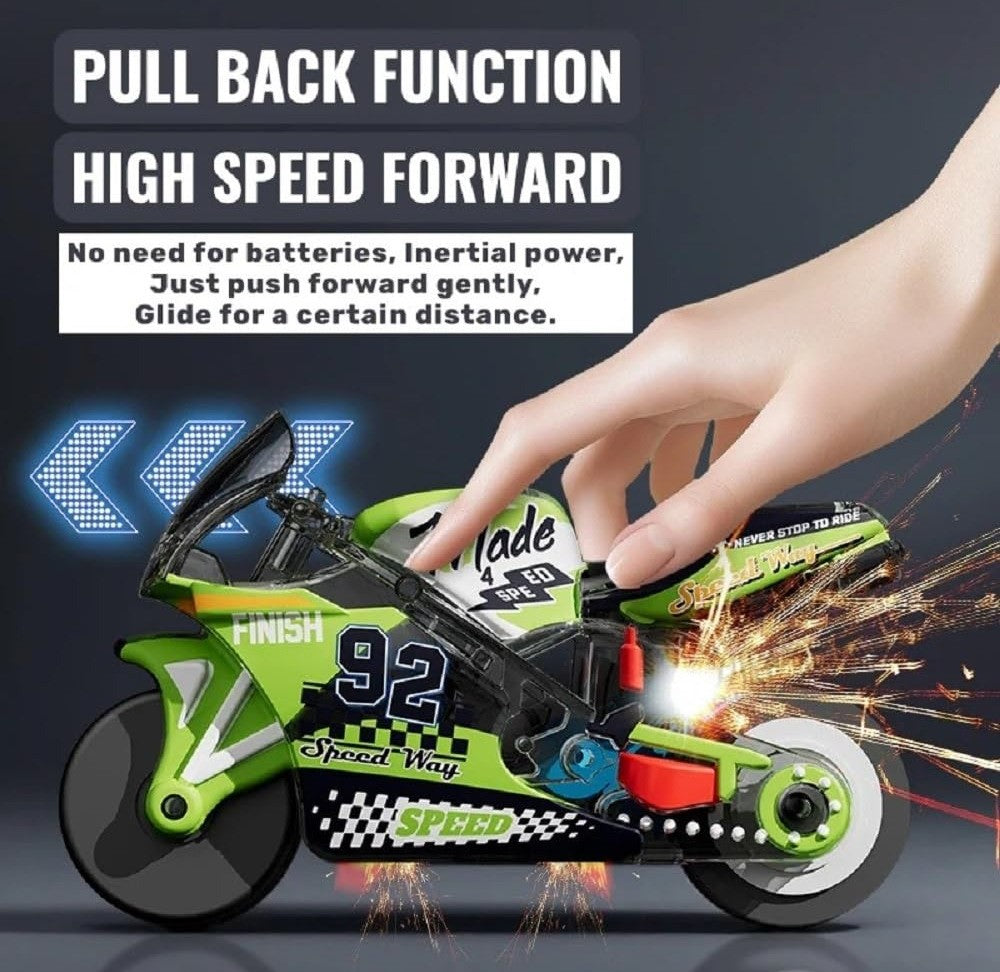 Multicolor plastic spark bike keychain toy with pull-back mechanism and wheelie stunt design