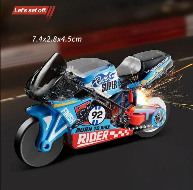Multicolor plastic spark bike keychain toy with pull-back mechanism and wheelie stunt design for kids