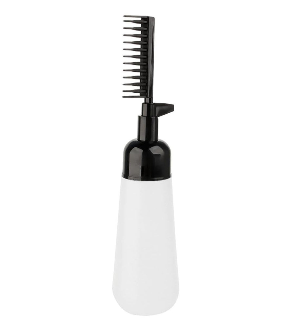 Black plastic 2-in-1 root comb and applicator bottle for even hair dye and scalp treatment application