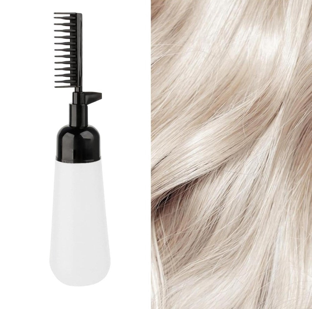 Black plastic 2-in-1 root comb and applicator bottle for even hair dye and scalp treatment application