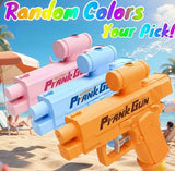 Multicolor plastic water gun toy for outdoor fun, shoots a powerful stream up to 6.5 feet