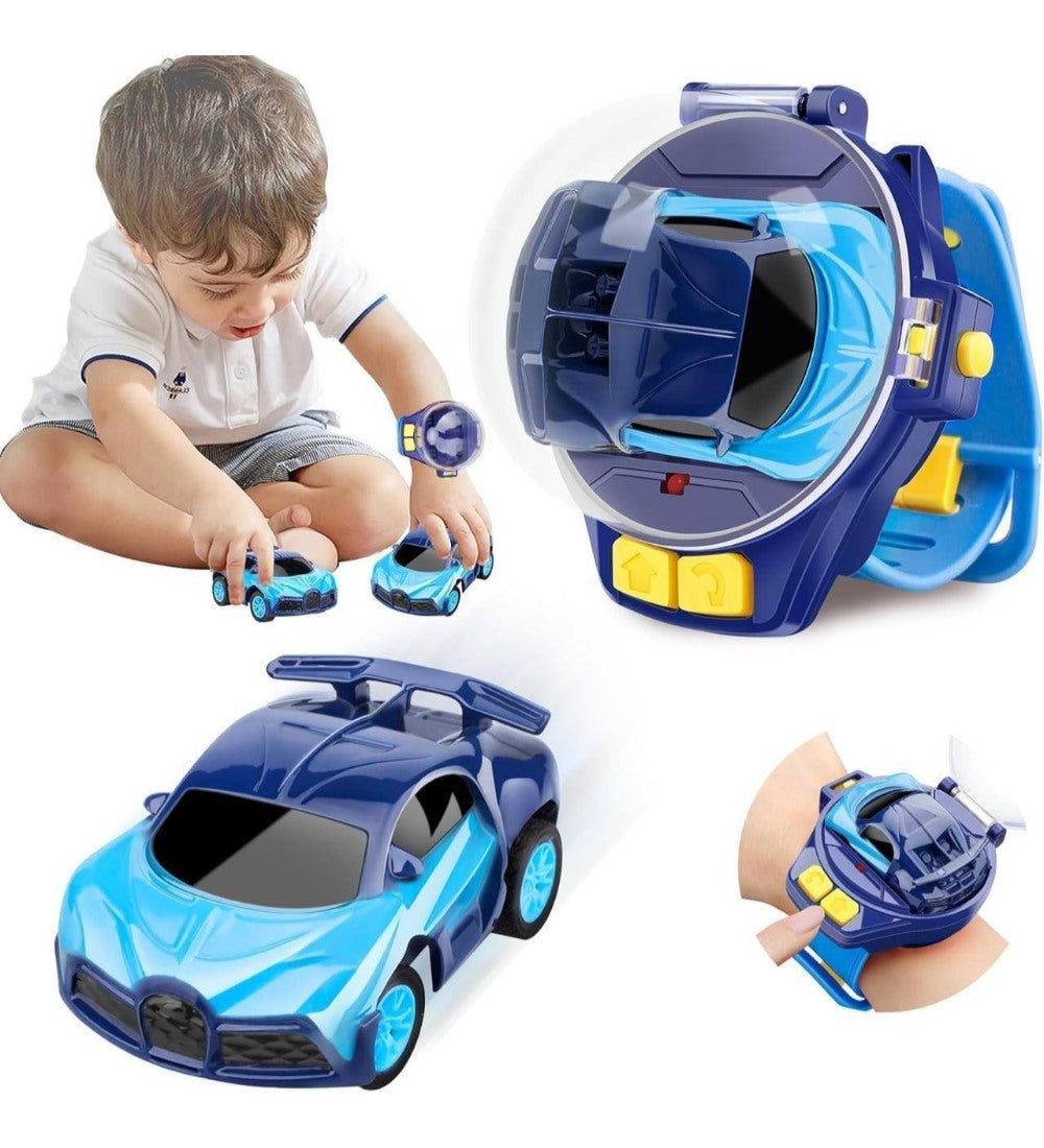 Blue mini RC car watch toy with remote control for indoor play and developing coordination