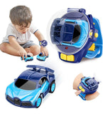 Blue mini RC car watch toy with remote control for indoor play and developing coordination