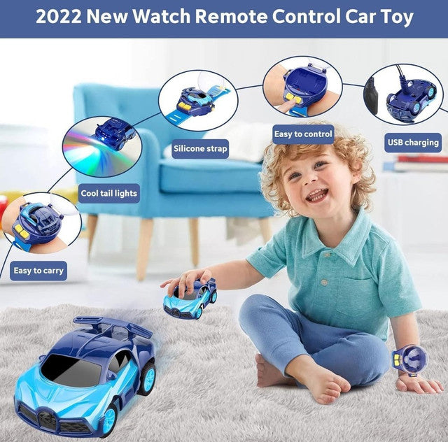 Blue mini RC car watch toy with remote control for indoor play and developing coordination
