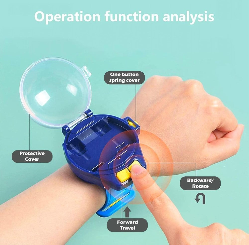 Blue mini RC car watch toy with remote control for indoor play and developing coordination