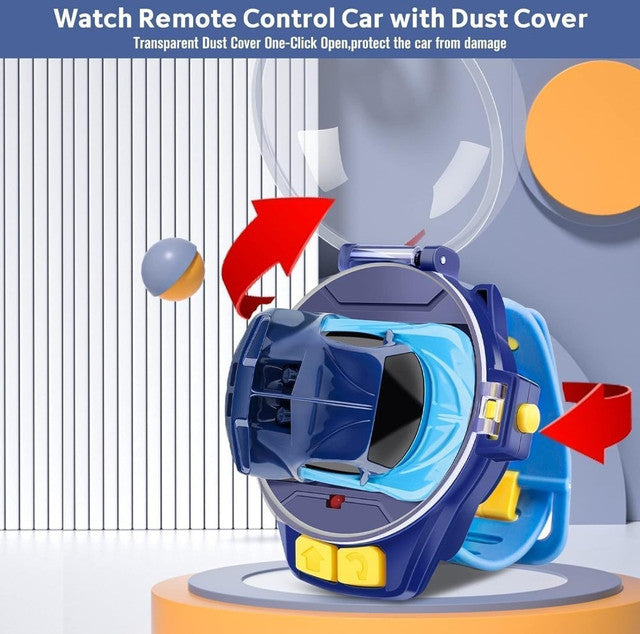 Blue mini RC car watch toy with dustproof cover and simple controls for kids aged 3+