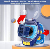 Blue mini RC car watch toy with dustproof cover and simple controls for kids aged 3+