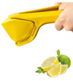 Yellow plastic manual citrus squeezer for lemons, limes, and oranges with strainer and ergonomic design