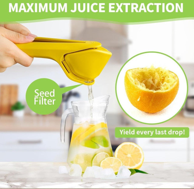 Yellow plastic manual citrus squeezer for lemons, limes, and oranges with strainer and ergonomic design