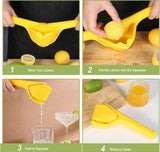 Yellow plastic manual citrus squeezer for lemons, limes, and oranges with strainer and ergonomic design