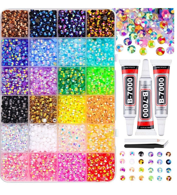 Multicolor resin nail art rhinestone bedazzling kit with adhesive glue, pick-up pen, and tweezers for crafts