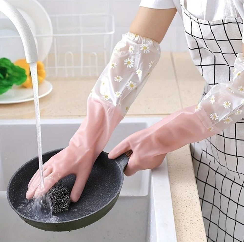 Peach colored PVC full-length gloves for heavy-duty protection during dishwashing, gardening, and cleaning