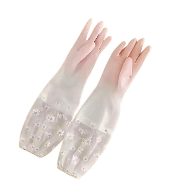 Peach colored PVC full-length gloves for heavy-duty protection during dishwashing, gardening, and cleaning