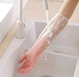 Peach colored PVC full-length gloves for heavy-duty protection during dishwashing, gardening, and cleaning