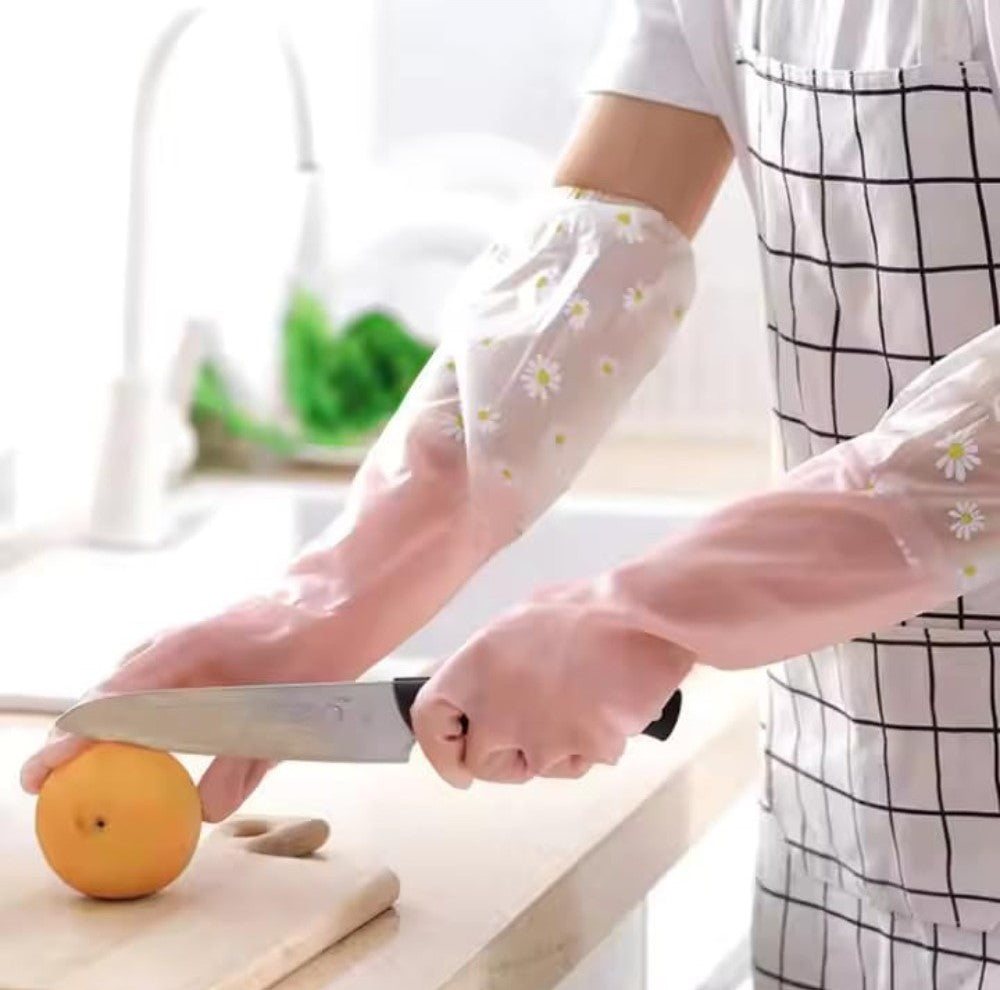 Peach colored PVC full-length gloves for heavy-duty protection during dishwashing, gardening, and cleaning