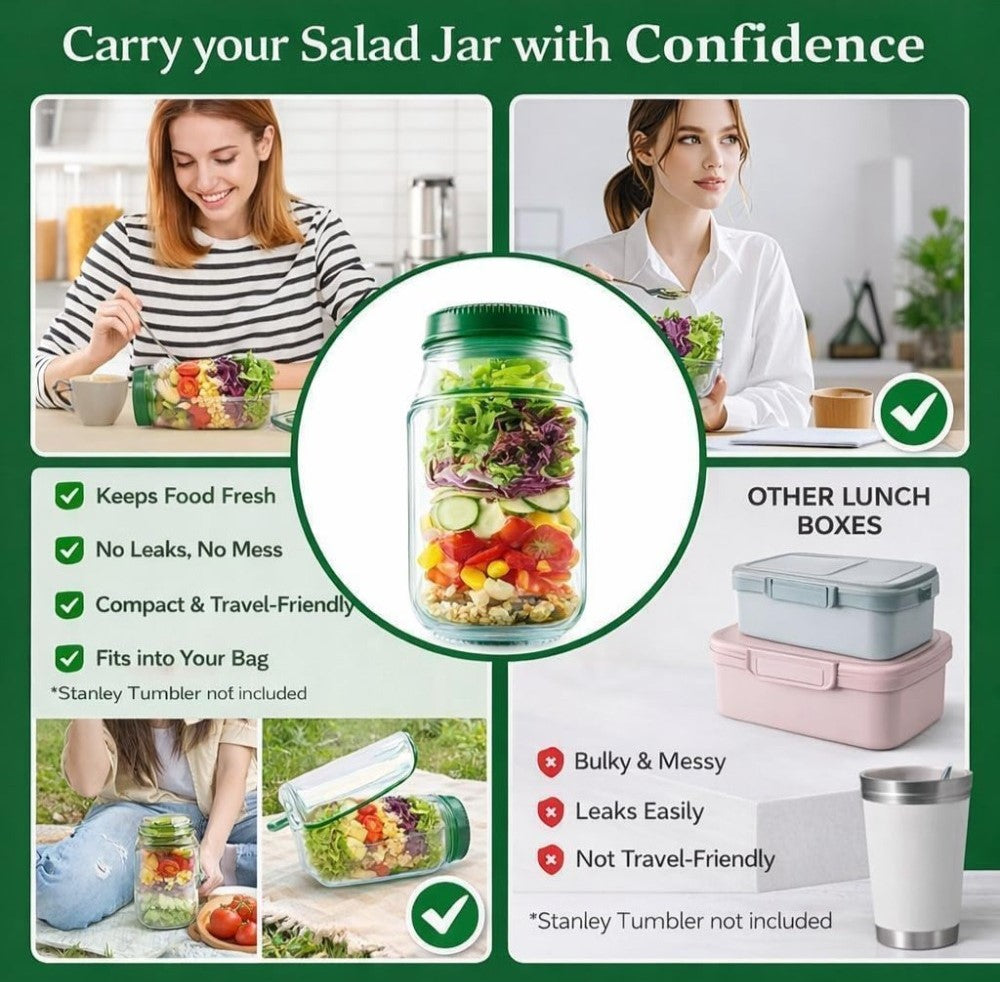 Green plastic layered salad container with airtight lid and built-in dressing cup for meal prep