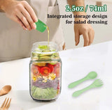 Green plastic layered salad container with airtight lid and built-in dressing cup for meal prep