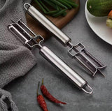 Silver stainless steel 3-in-1 vegetable peeler and bottle opener with wooden handle