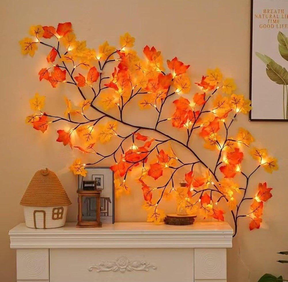 Multicolor plastic and copper maple leaf tree light with warm LED bulbs, USB powered and flexible for decoration