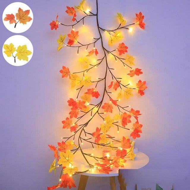 Multicolor plastic and copper maple leaf tree light with warm LED bulbs, USB powered and flexible for decoration