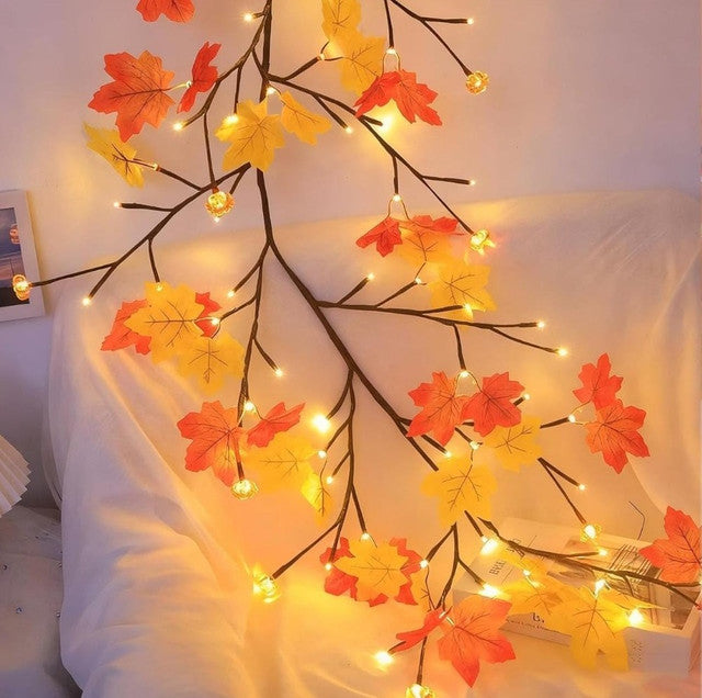 Multicolor plastic and copper maple leaf tree light with warm LED bulbs, USB powered and flexible for decoration