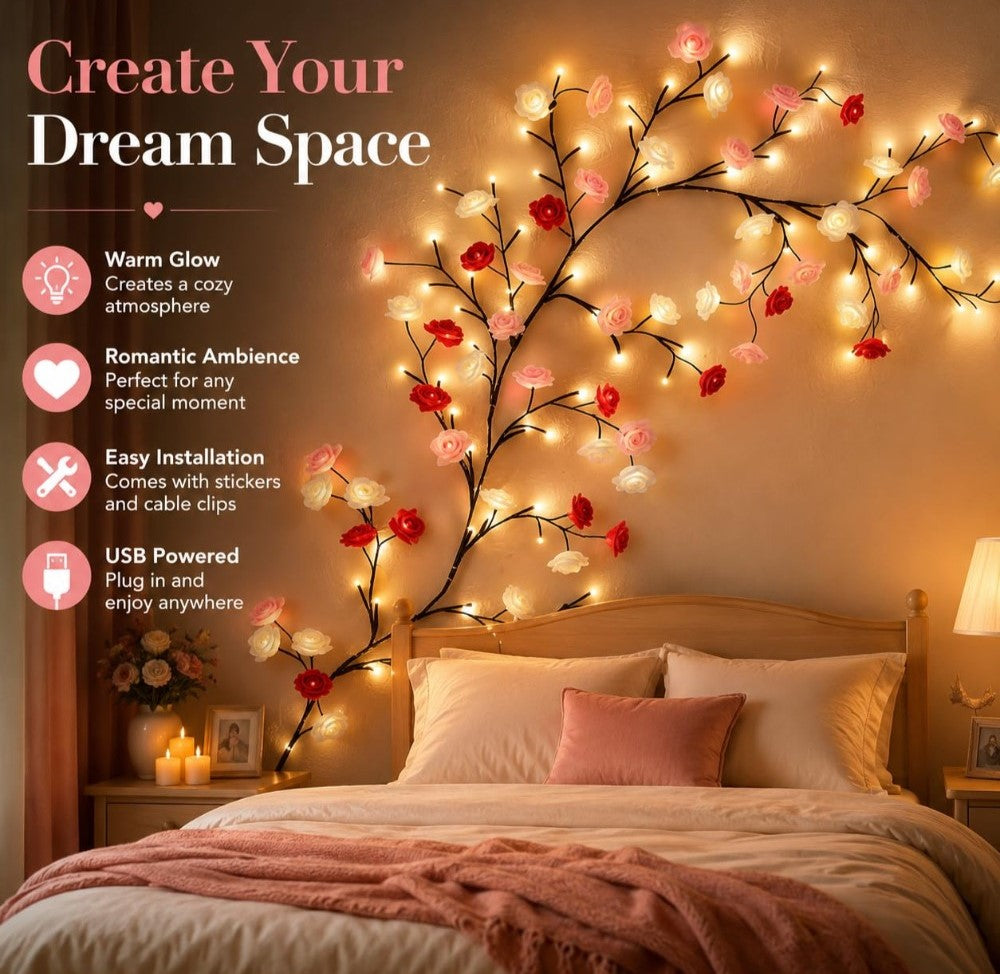 Multicolor plastic rose tree light with warm white LED illumination for decorative indoor ambiance