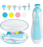 White and blue electric baby nail trimmer with built-in LED light and six grinding pads for gentle care