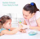 White and blue electric baby nail trimmer with built-in LED light and six grinding pads for gentle care