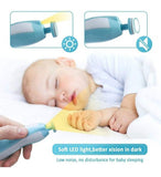 White and blue electric baby nail trimmer with built-in LED light and six grinding pads for gentle care